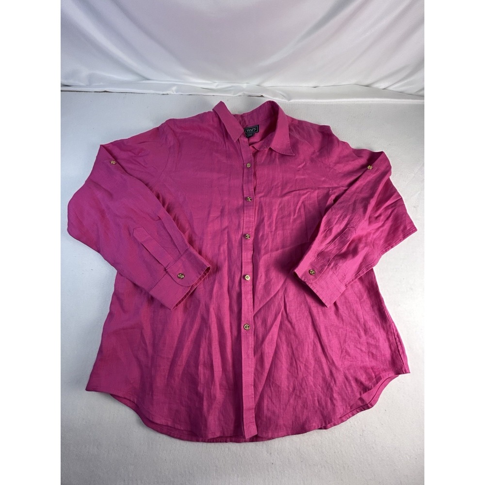 Chaps 100% Linen Long Sleeve Button Up Shirt Women XL Pink Roll Tab Sleeve